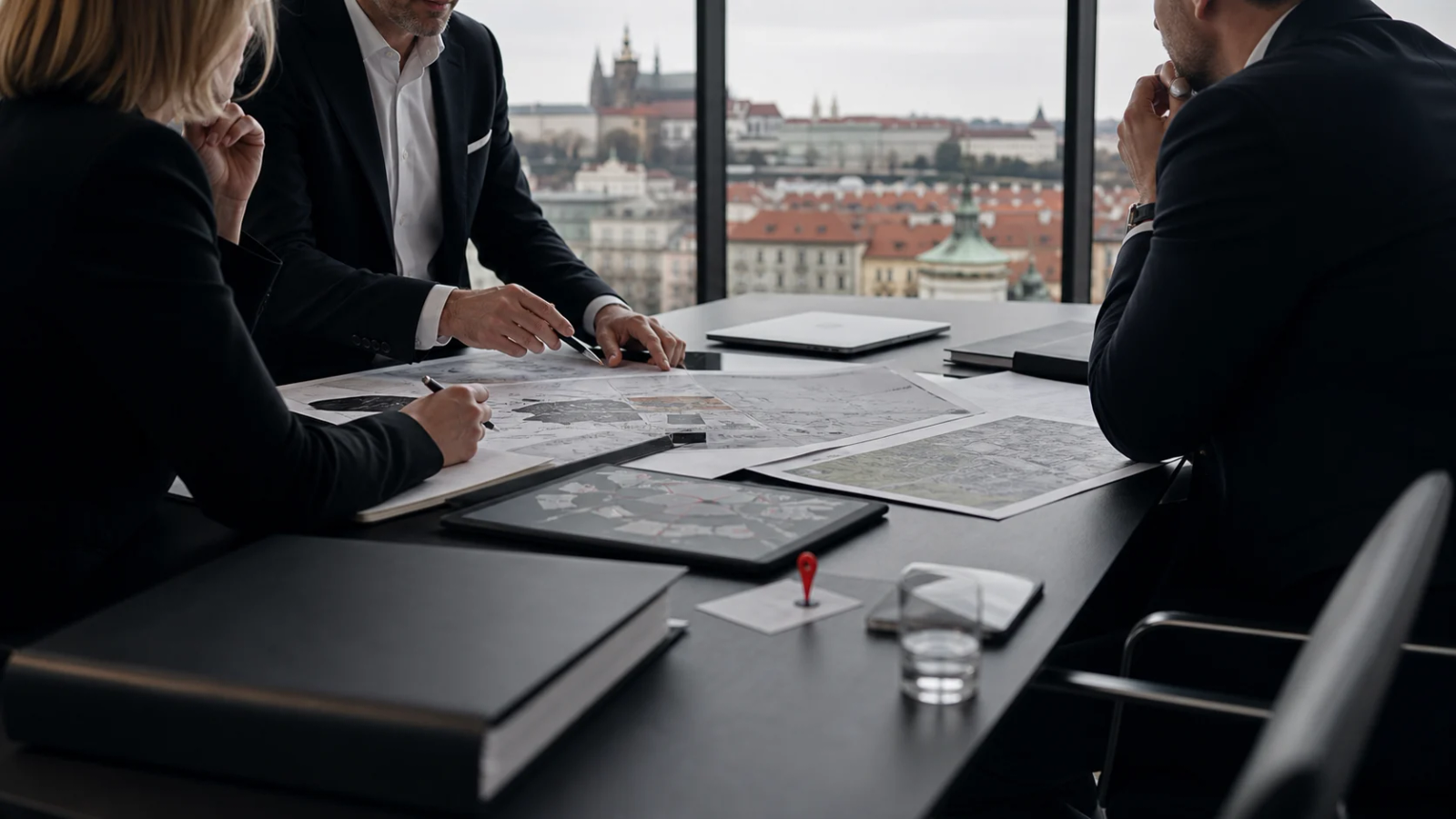Analytička čte dokumenty u stolu před investičním rozhodnutím, klidná prověřovací práce.