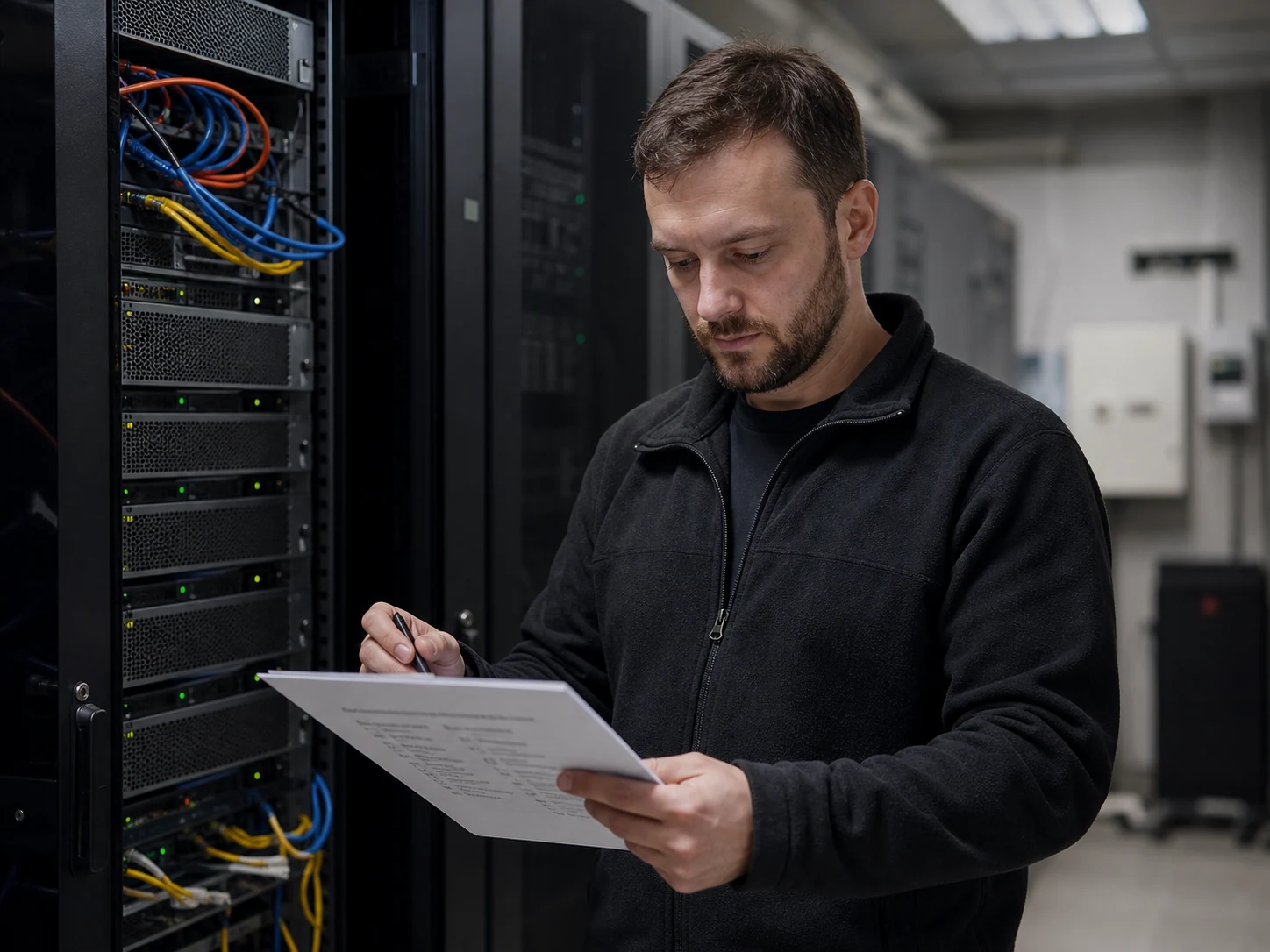 Technik v serverovně klidně postupuje podle kontrolního seznamu při výpadku.