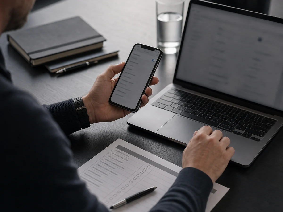 Technik kontroluje nastavení šifrování a zálohování na firemním telefonu a notebooku.