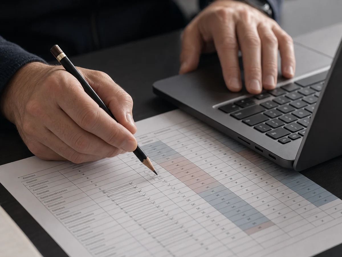 Ruce specialisty porovnávají tištěnou matici přístupů s notebookem a značí stará oprávnění.