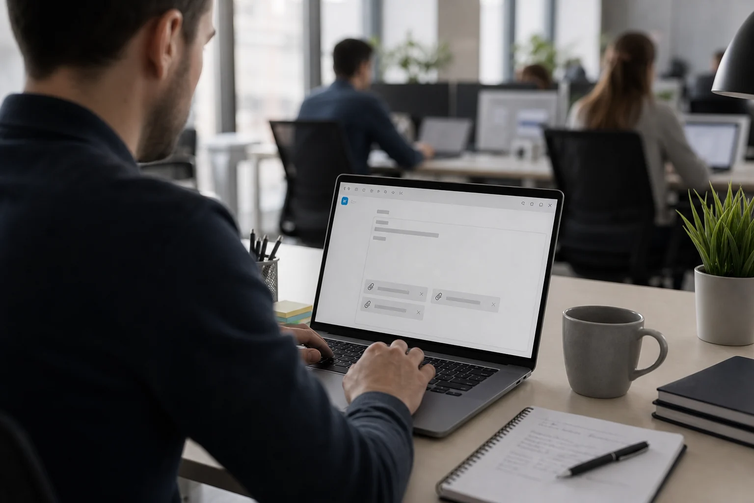 Zaměstnanec u monitoru připravuje e-mailovou přílohu — běžná situace, kde úniky často začínají.