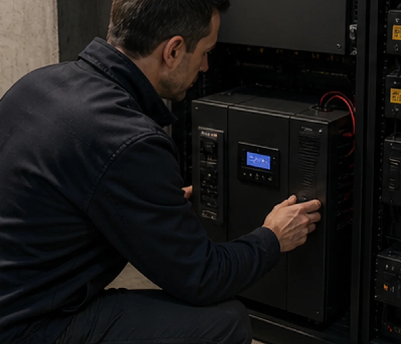 Technik kontroluje záložní zdroj energie — doména energie a médií chráněného prostoru.