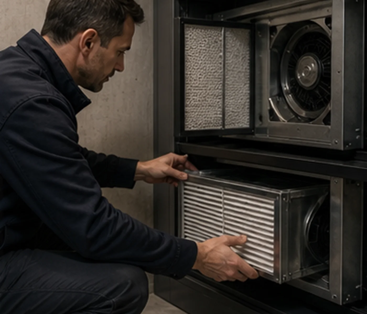Technik kontroluje větrací a filtrační jednotku — doména vzduchu a prostředí.