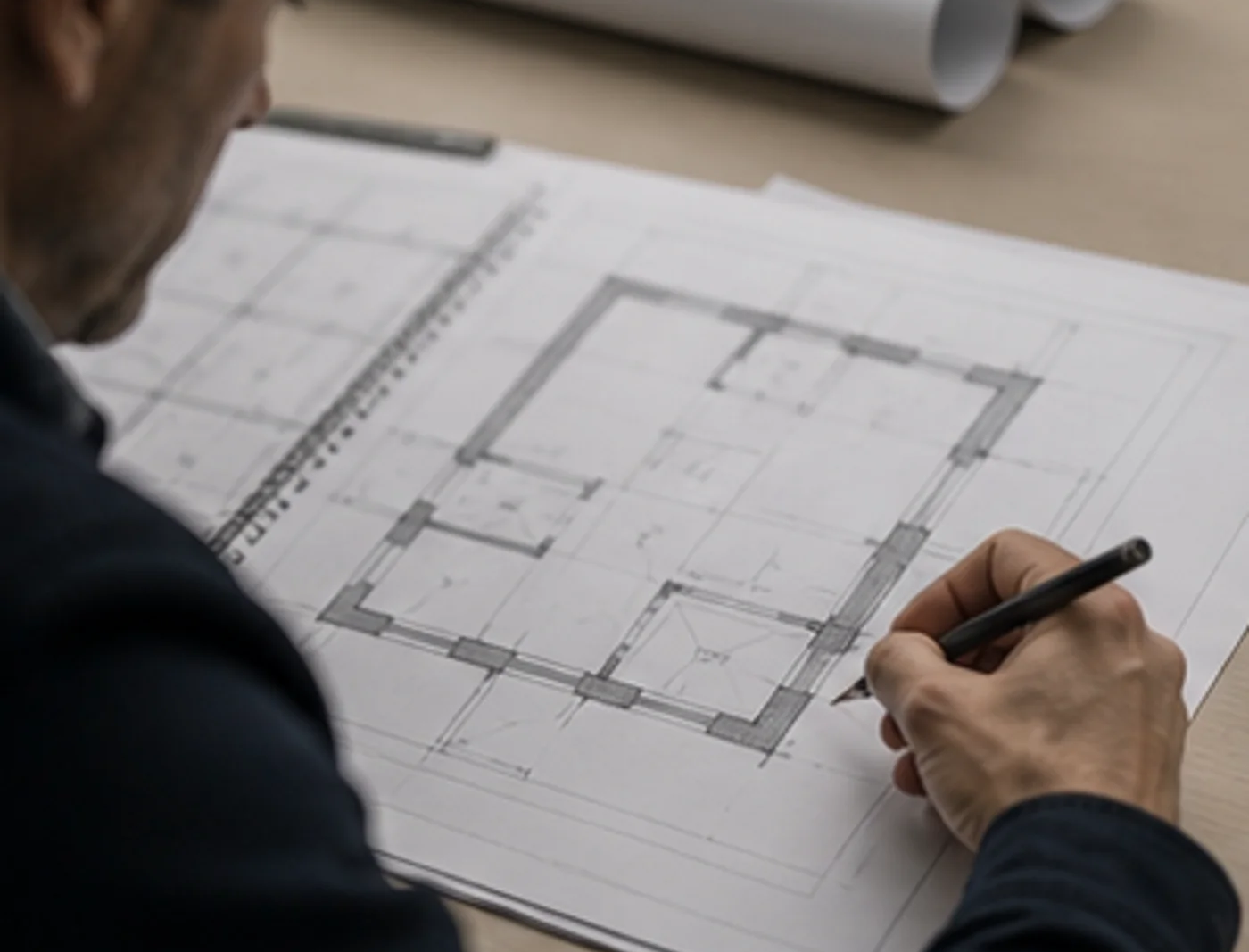 Projektant skicuje ochrannou vrstvu nad půdorysem — fáze návrhu řešení.