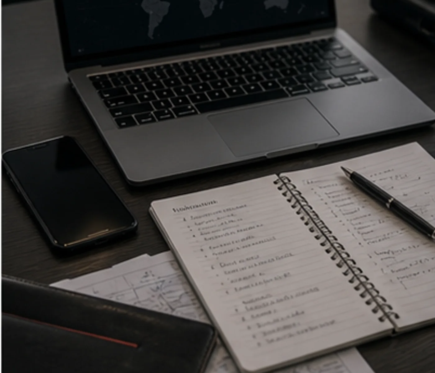 Telefon a notebook na stole vedle poznámek o pravidlech spojení a zálohách na cestu.