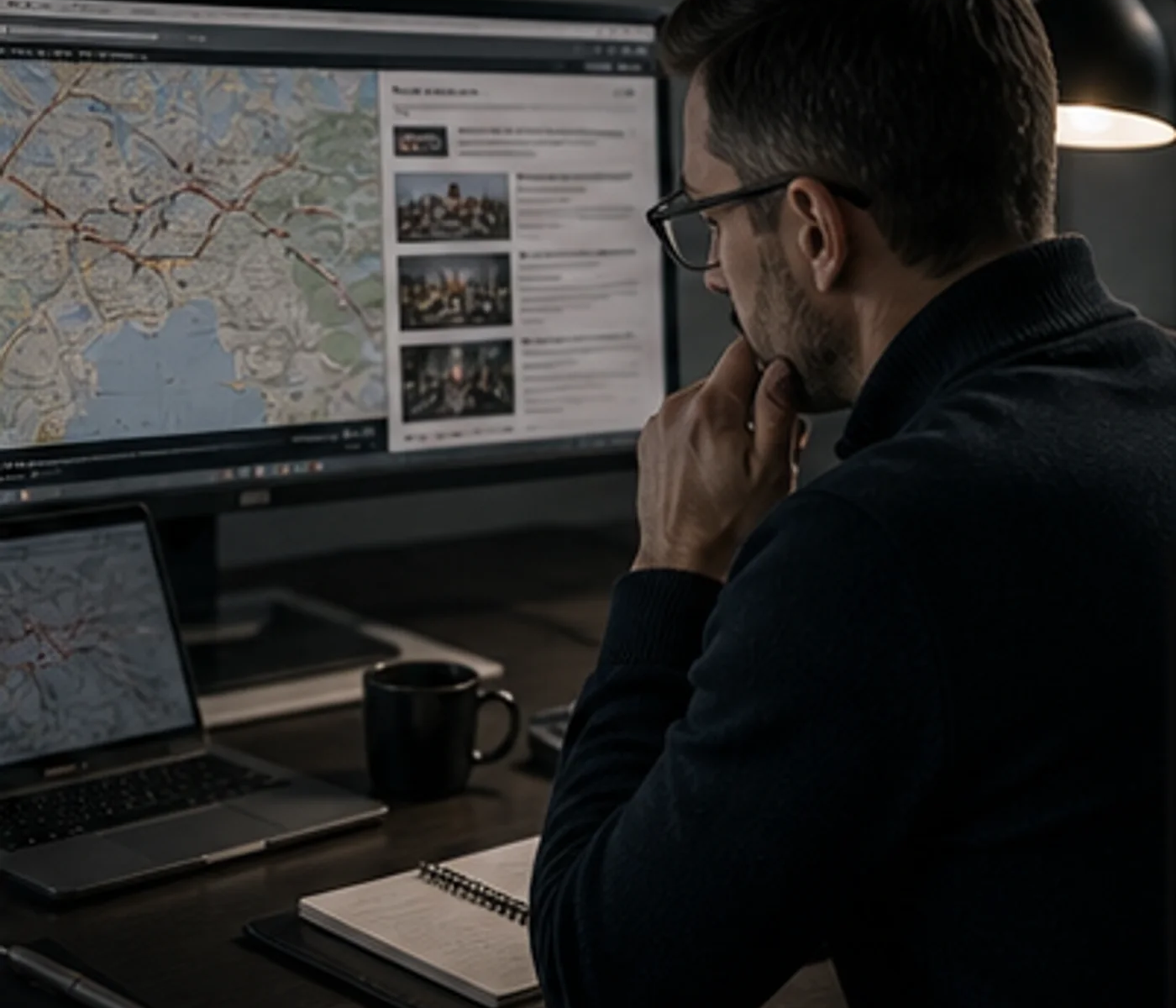 Analytik u obrazovky porovnává mapu regionu a aktuální zprávy o bezpečnostní situaci.