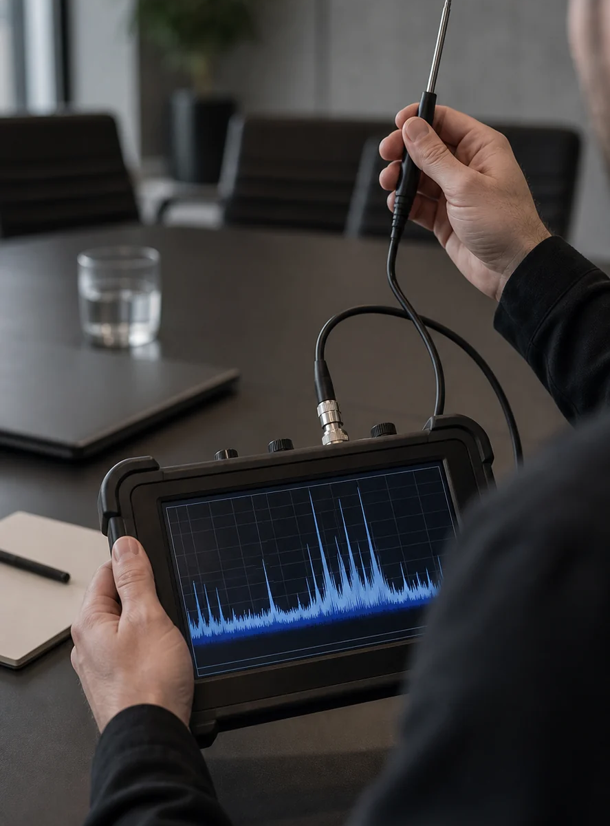 Ruce technika drží spektrální analyzátor s grafem spektra — kontrola rádiového spektra