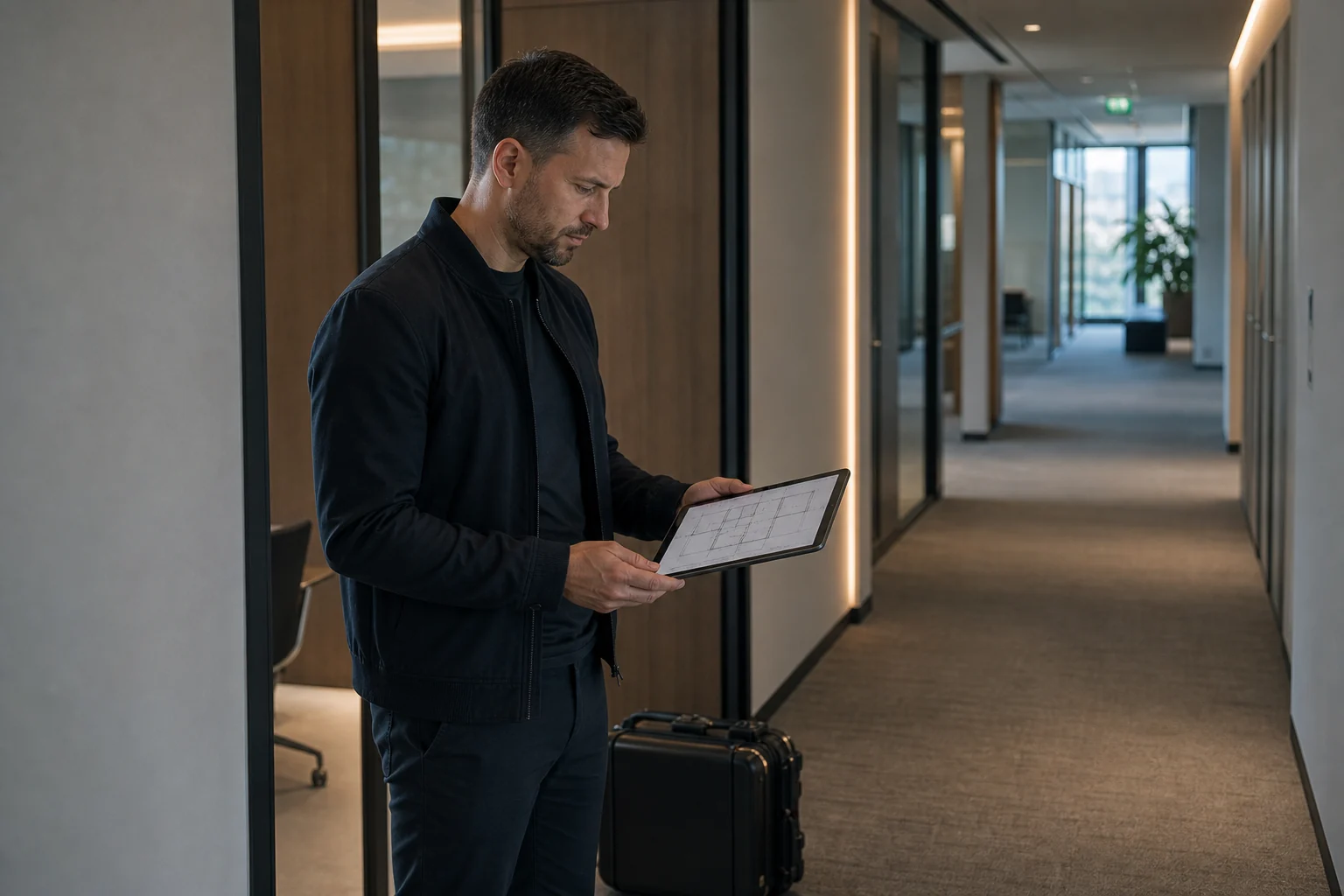 Technik před vstupem studuje plánek prostoru na tabletu — fáze předběžného profilu