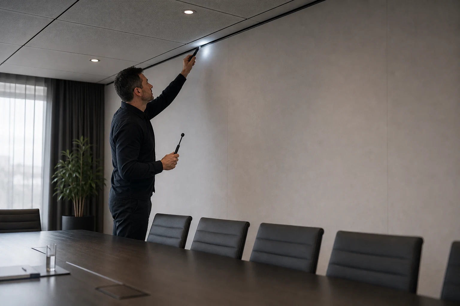 Technik prohlíží podhled a nábytek v zasedací místnosti — fyzická vrstva kontroly