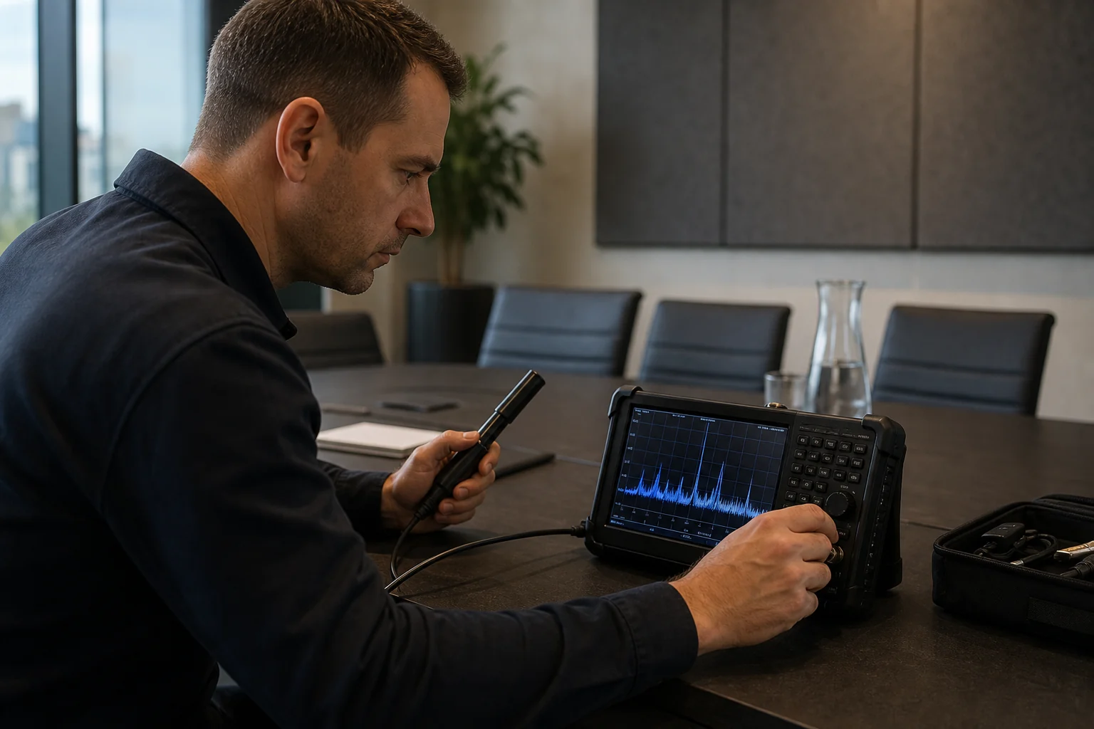 Technik sleduje displej spektrálního analyzátoru v místnosti — elektronická detekce přenosů